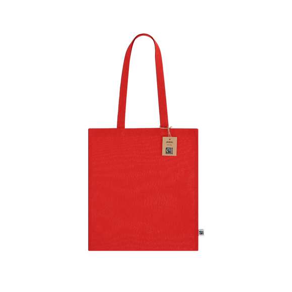 Bolsa confeccionada principalmente en algodón de 140g/m2. Con certificación Fairtrade (Comercio Justo) un sistema comercial solidario y alternativo al convencional que persigue el desarrollo de los pueblos y la lucha contra la pobreza. De acabado cosido, con asas largas de 70cm y resistencia hasta 8kg de peso. Incluida etiqueta Fairtrade y hangtag distintivo en cartón reciclado.