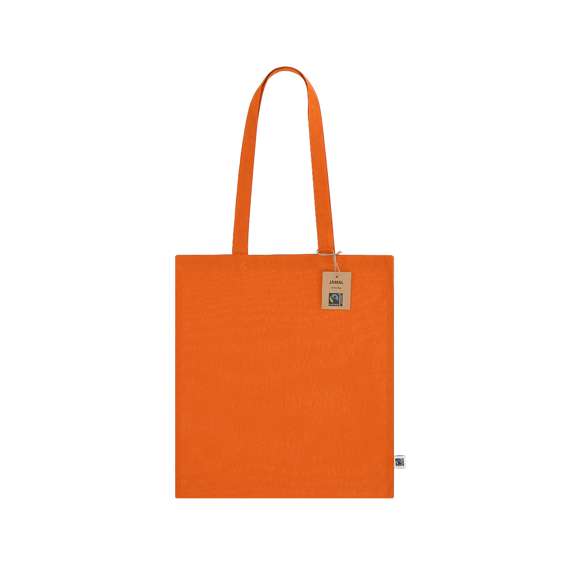 Bolsa confeccionada principalmente en algodón de 140g/m2. Con certificación Fairtrade (Comercio Justo) un sistema comercial solidario y alternativo al convencional que persigue el desarrollo de los pueblos y la lucha contra la pobreza. De acabado cosido, con asas largas de 70cm y resistencia hasta 8kg de peso. Incluida etiqueta Fairtrade y hangtag distintivo en cartón reciclado.