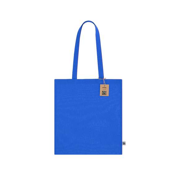 Bolsa confeccionada principalmente en algodón de 140g/m2. Con certificación Fairtrade (Comercio Justo) un sistema comercial solidario y alternativo al convencional que persigue el desarrollo de los pueblos y la lucha contra la pobreza. De acabado cosido, con asas largas de 70cm y resistencia hasta 8kg de peso. Incluida etiqueta Fairtrade y hangtag distintivo en cartón reciclado.