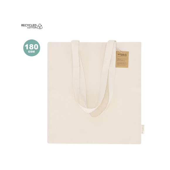Bolsa en algodón reciclado de 180 g/m2. Asas largas. Incluye distintivo algodón reciclado. Resistencia de hasta  7 kg.