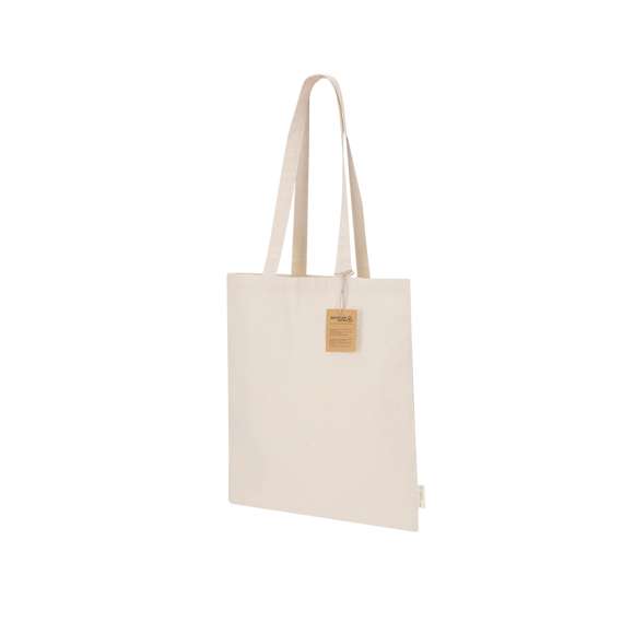 Bolsa en algodón reciclado de 180 g/m2. Asas largas. Incluye distintivo algodón reciclado. Resistencia de hasta  7 kg.