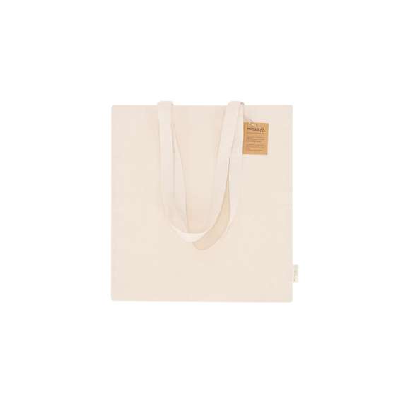 Bolsa en algodón reciclado de 180 g/m2. Asas largas. Incluye distintivo algodón reciclado. Resistencia de hasta  7 kg.