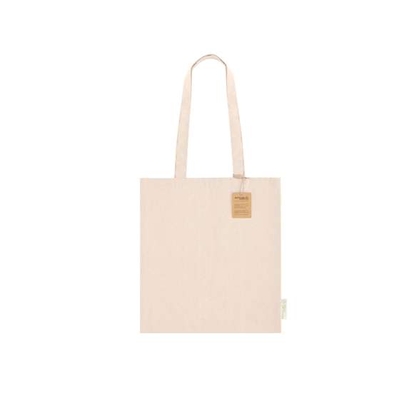 Bolsa confeccionada principalmente en algodón reciclado de 240 g/m2. Asas largas de 70cm con refuerzo, de acabado cosido. Logotipo en etiqueta lateral y resistencia hasta 7 kg de peso.