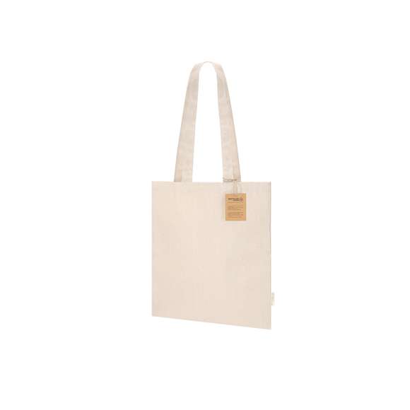 Bolsa confeccionada principalmente en algodón reciclado de 280 g/m2. Asas largas de 70cm con refuerzo, de acabado cosido. Logotipo en etiqueta lateral y resistencia hasta 10 kg de peso.