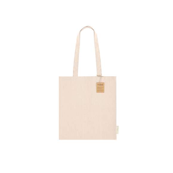 Bolsa confeccionada principalmente en algodón reciclado de 280 g/m2. Asas largas de 70cm con refuerzo, de acabado cosido. Logotipo en etiqueta lateral y resistencia hasta 10 kg de peso.