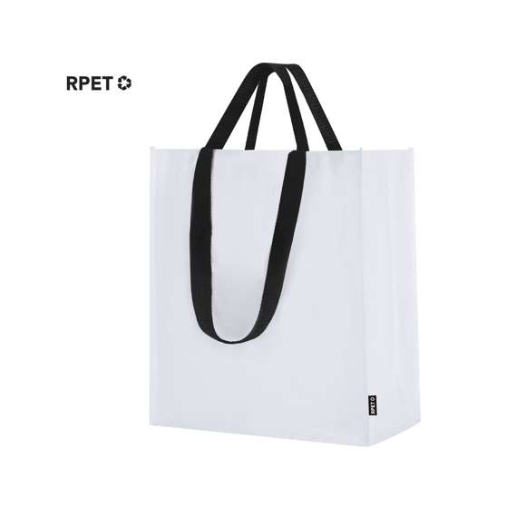 Bolsa fabricada en pp-woven laminado RPET. Equipada con doble asa reforzadas: asas cortas de 40x3 cm y largas de 70x3 cm. Con resistencia de hasta 8kg.El material RPET se elabora a partir de plástico reciclado, para así fomentar la reutilización de residuos plásticos y ayudar a la sostenibilidad del planeta.