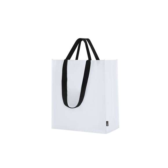 Bolsa fabricada en pp-woven laminado RPET. Equipada con doble asa reforzadas: asas cortas de 40x3 cm y largas de 70x3 cm. Con resistencia de hasta 8kg.El material RPET se elabora a partir de plástico reciclado, para así fomentar la reutilización de residuos plásticos y ayudar a la sostenibilidad del planeta.