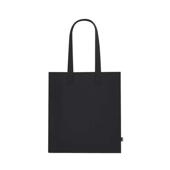 Bolsa fabricada en fieltro RPET reciclado. Con asas reforzadas largas. Resistencia hasta 6kg. Incluye distintivo RPET en etiqueta exterior.El material RPET se elabora a partir de plástico reciclado, para así fomentar la reutilización de residuos plásticos y ayudar a la sostenibilidad del planeta.