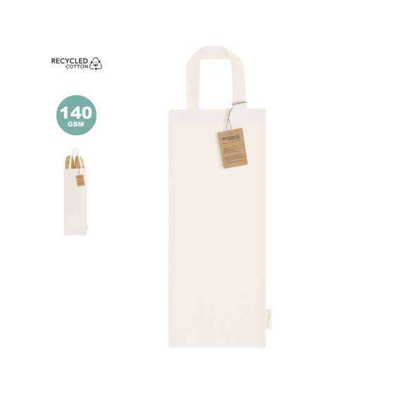 Bolsa confeccionada principalmente en algodón reciclado de 140 g/m2, de diseño alargado. Asas cortas de 30cm con refuerzo, de acabado cosido. Logotipo en etiqueta lateral.