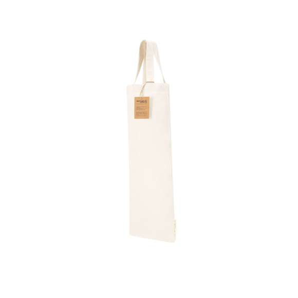 Bolsa confeccionada principalmente en algodón reciclado de 140 g/m2, de diseño alargado. Asas cortas de 30cm con refuerzo, de acabado cosido. Logotipo en etiqueta lateral.