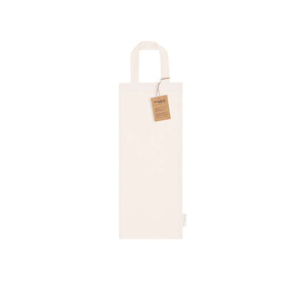 Bolsa confeccionada principalmente en algodón reciclado de 140 g/m2, de diseño alargado. Asas cortas de 30cm con refuerzo, de acabado cosido. Logotipo en etiqueta lateral.