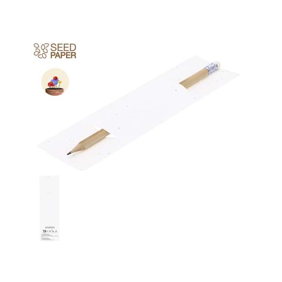 Práctico lápiz cilíndrico presentado en funda de papel con semillas, fabricado en suave madera natural con goma. La funda incluye semillas de petunia, convirtiéndolo en papel plantable al final de su vida útil. Incluye instrucciones de plantado en la cubierta trasera.