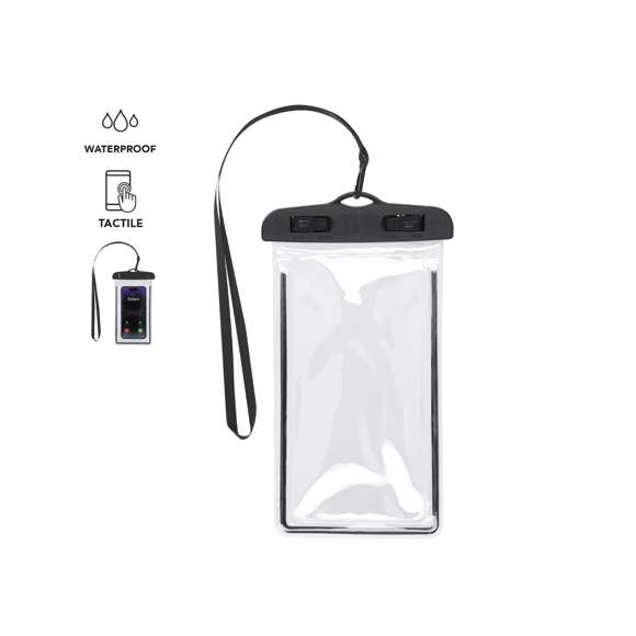 Portatodo impermeable fabricado en PVC, diseñado con función táctil para facilitar el uso de dispositivos. Con sistema de seguridad con cierre de palancas para una buena estanqueidad. Compatible con pantallas de hasta 6,7 pulgadas. Incluye  cordón y mosquetón  a juego para mayor comodidad.