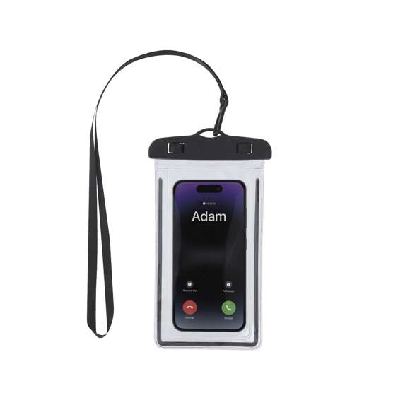 Portatodo impermeable fabricado en PVC, diseñado con función táctil para facilitar el uso de dispositivos. Con sistema de seguridad con cierre de palancas para una buena estanqueidad. Compatible con pantallas de hasta 6,7 pulgadas. Incluye  cordón y mosquetón  a juego para mayor comodidad.