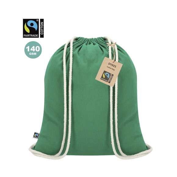 Mochila de cuerdas  fabricada en algodón de 140g/m2. Con certificación Fairtrade (Comercio Justo) un sistema comercial solidario y alternativo al convencional que persigue el desarrollo de los pueblos y la lucha contra la pobreza. De acabado cosido, cordones de algodón y resistencia hasta 9kg de peso. Incluida etiqueta Fairtrade y hangtag distintivo en cartón reciclado.