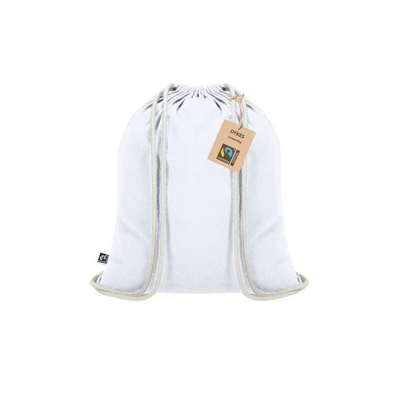 Mochila de cuerdas  fabricada en algodón de 140g/m2. Con certificación Fairtrade (Comercio Justo) un sistema comercial solidario y alternativo al convencional que persigue el desarrollo de los pueblos y la lucha contra la pobreza. De acabado cosido, cordones de algodón y resistencia hasta 9kg de peso. Incluida etiqueta Fairtrade y hangtag distintivo en cartón reciclado.
