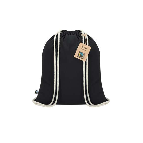 Mochila de cuerdas  fabricada en algodón de 140g/m2. Con certificación Fairtrade (Comercio Justo) un sistema comercial solidario y alternativo al convencional que persigue el desarrollo de los pueblos y la lucha contra la pobreza. De acabado cosido, cordones de algodón y resistencia hasta 9kg de peso. Incluida etiqueta Fairtrade y hangtag distintivo en cartón reciclado.