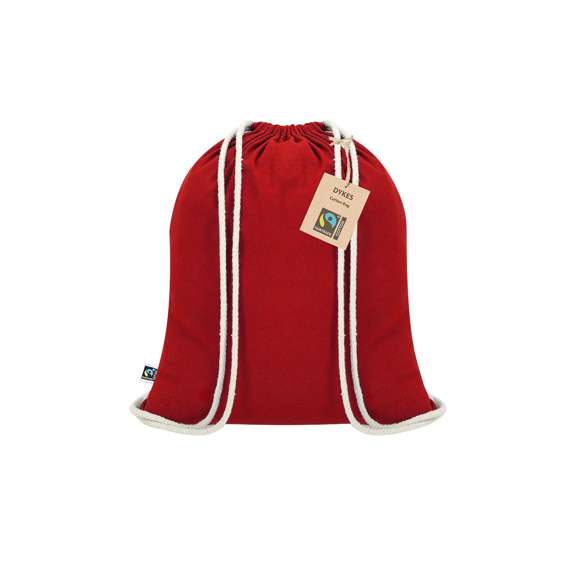 Mochila de cuerdas  fabricada en algodón de 140g/m2. Con certificación Fairtrade (Comercio Justo) un sistema comercial solidario y alternativo al convencional que persigue el desarrollo de los pueblos y la lucha contra la pobreza. De acabado cosido, cordones de algodón y resistencia hasta 9kg de peso. Incluida etiqueta Fairtrade y hangtag distintivo en cartón reciclado.