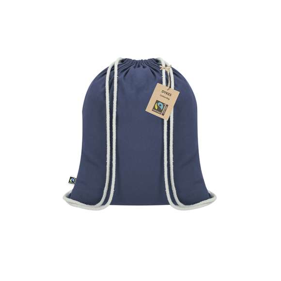 Mochila de cuerdas  fabricada en algodón de 140g/m2. Con certificación Fairtrade (Comercio Justo) un sistema comercial solidario y alternativo al convencional que persigue el desarrollo de los pueblos y la lucha contra la pobreza. De acabado cosido, cordones de algodón y resistencia hasta 9kg de peso. Incluida etiqueta Fairtrade y hangtag distintivo en cartón reciclado.