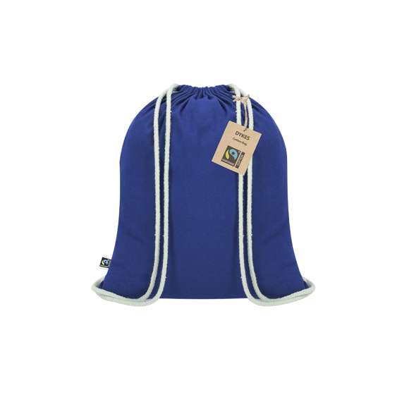 Mochila de cuerdas  fabricada en algodón de 140g/m2. Con certificación Fairtrade (Comercio Justo) un sistema comercial solidario y alternativo al convencional que persigue el desarrollo de los pueblos y la lucha contra la pobreza. De acabado cosido, cordones de algodón y resistencia hasta 9kg de peso. Incluida etiqueta Fairtrade y hangtag distintivo en cartón reciclado.