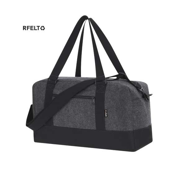Bolso de fieltro RPET. Con compartimento principal con cierre de cremallera a juego y base en color negro y bolsillo exterior de cremallera. Incluye anchas asas de color negro , cinta bandolera ajustable a juego y distintivo RPET.El fieltro RPET es fruto de la combinación del proceso de reciclaje de materiales plásticos junto con la técnica milenaria de fabricación del fieltro, dando como resultado un material de eco-tendencia que, además de ser de origen reciclado, también se convierte en reciclable.