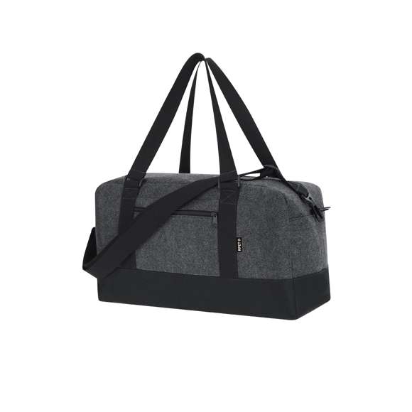 Bolso de fieltro RPET. Con compartimento principal con cierre de cremallera a juego y base en color negro y bolsillo exterior de cremallera. Incluye anchas asas de color negro , cinta bandolera ajustable a juego y distintivo RPET.El fieltro RPET es fruto de la combinación del proceso de reciclaje de materiales plásticos junto con la técnica milenaria de fabricación del fieltro, dando como resultado un material de eco-tendencia que, además de ser de origen reciclado, también se convierte en reciclable.