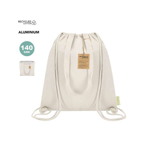 Bolsa mochila nevera de cuerdas fabricado en algodón reciclado 140g/m2 . Con interior de aluminio. Con asas a juego y reforzadas . Resistencia máxima de 9kg. Incluye distintivo de algodón reciclado.