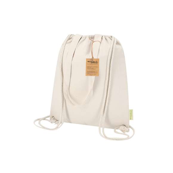 Bolsa mochila nevera de cuerdas fabricado en algodón reciclado 140g/m2 . Con interior de aluminio. Con asas a juego y reforzadas . Resistencia máxima de 9kg. Incluye distintivo de algodón reciclado.