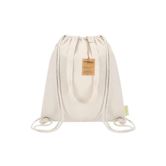 Bolsa mochila nevera de cuerdas fabricado en algodón reciclado 140g/m2 . Con interior de aluminio. Con asas a juego y reforzadas . Resistencia máxima de 9kg. Incluye distintivo de algodón reciclado.