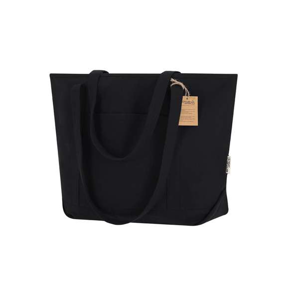 Bolsa confeccionada principalmente en resistente algodón reciclado de 300g/m2. De acabado cosido con fuelle y asas largas de 70cm reforzadas. Incluye bolsillo exterior de fácil acceso. Logotipo en etiqueta lateral y resistencia hasta 10kg de peso.