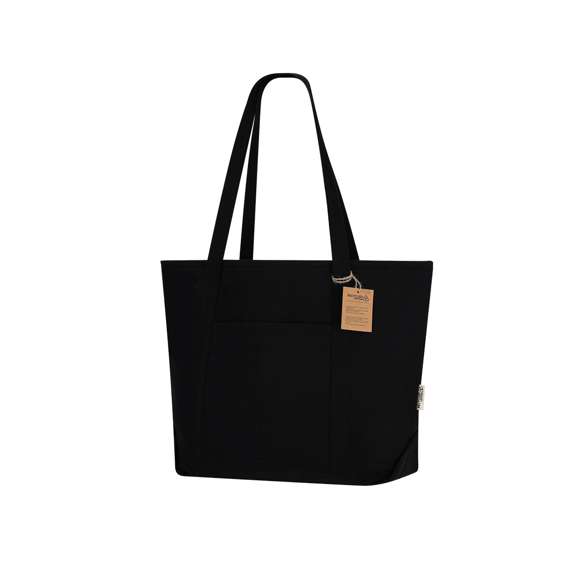 Bolsa confeccionada principalmente en resistente algodón reciclado de 300g/m2. De acabado cosido con fuelle y asas largas de 70cm reforzadas. Incluye bolsillo exterior de fácil acceso. Logotipo en etiqueta lateral y resistencia hasta 10kg de peso.