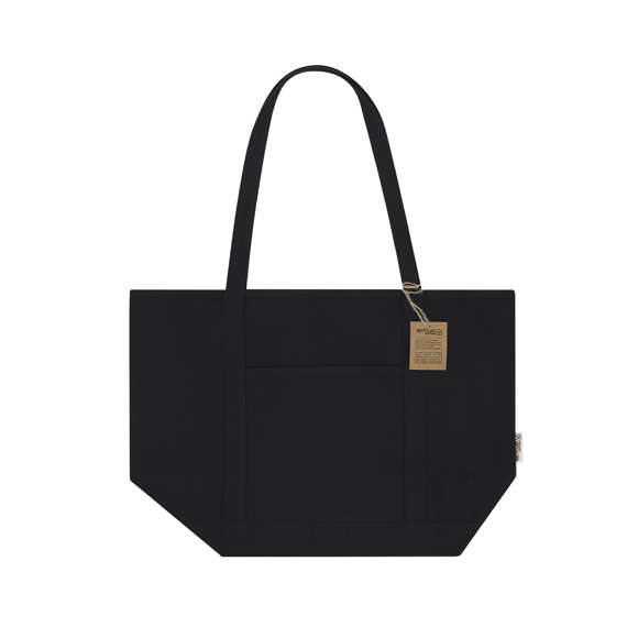 Bolsa confeccionada principalmente en resistente algodón reciclado de 300g/m2. De acabado cosido con fuelle y asas largas de 70cm reforzadas. Incluye bolsillo exterior de fácil acceso. Logotipo en etiqueta lateral y resistencia hasta 10kg de peso.