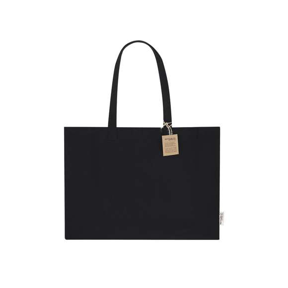 Bolsa confeccionada principalmente en resistente algodón reciclado de 300g/m2. De acabado cosido con fuelle y asas largas de 70cm reforzadas. Logotipo en etiqueta lateral y resistencia hasta 10kg de peso.