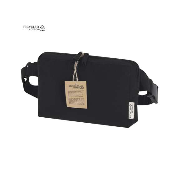 Riñonera rectangular en algodón reciclado. Con bolsillo central cierre de cremallera, doble tirador y cinta ajustable con cierre de hebilla a juego. Además, incluye bolsillo en la parte posterior. Con distintivo de algodón reciclado.