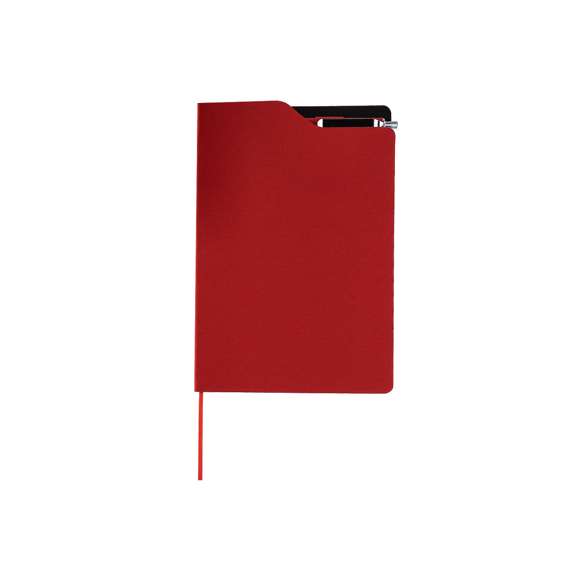 Bloc de notas con bolígrafo en RPET. Incluye 80 páginas de color crema a rayas, marcapáginas y elástico portabolígrafos a juego. Cuenta con bolígrafo con mecanismo pulsador y tinta azul. Incluye distintivo RPET.El material RPET se elabora a partir de plástico reciclado, para así fomentar la reutilización de residuos plásticos y ayudar a la sostenibilidad del planeta.
