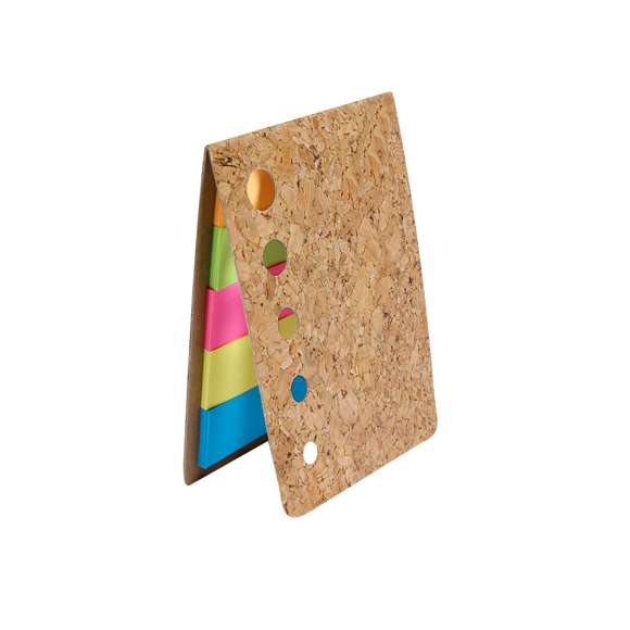Bloc de notas adhesivas fabricado en corcho. Incluye 100 mini notas adhesivas en variados colores.Elaborado con elementos vegetales para así fomentar la utilización de materias primas naturales y reducir las emisiones contaminantes.