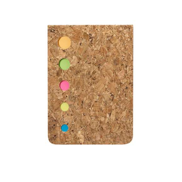 Bloc de notas adhesivas fabricado en corcho. Incluye 100 mini notas adhesivas en variados colores.Elaborado con elementos vegetales para así fomentar la utilización de materias primas naturales y reducir las emisiones contaminantes.