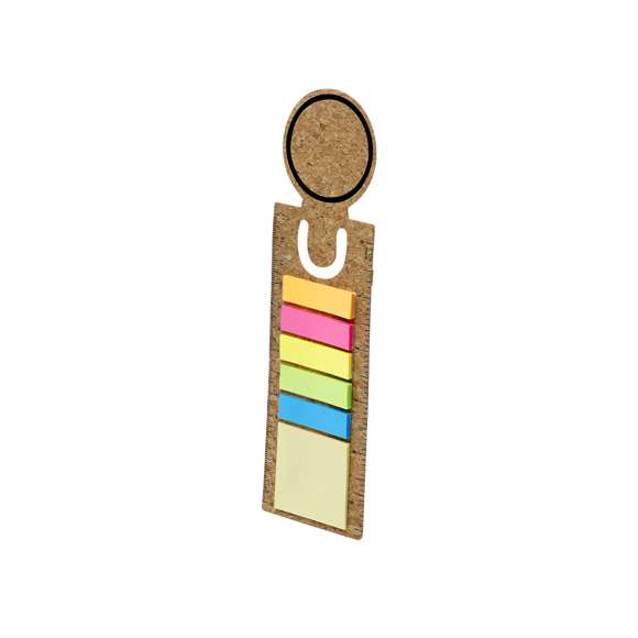 Regla marcapáginas de corcho con notas adhesivas. Incluye 90 notas adhesivas  en variados colores y tamaños.Elaborado con elementos vegetales para así fomentar la utilización de materias primas naturales y reducir las emisiones contaminantes.