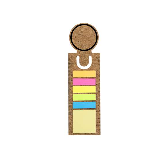 Regla marcapáginas de corcho con notas adhesivas. Incluye 90 notas adhesivas  en variados colores y tamaños.Elaborado con elementos vegetales para así fomentar la utilización de materias primas naturales y reducir las emisiones contaminantes.