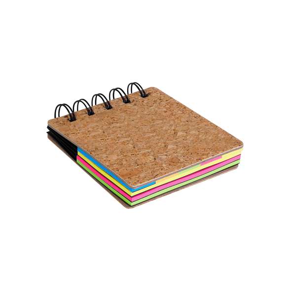 Bloc de notas de corcho con notas adhesivas. Incluye: 75 notas adhesivas grandes y 125 mini notas adhesivas  en variados colores.Elaborado con elementos vegetales para así fomentar la utilización de materias primas naturales y reducir las emisiones contaminantes.