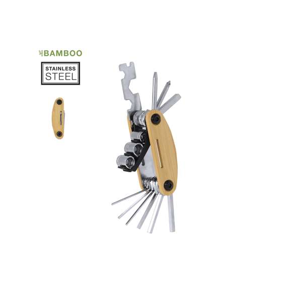 Multiherramienta en resistente acero inox con carcasa de bambú. Con 15 funciones:- Llaves Allen- Llaves Hexagonales- Destornillador plano- Destornillador estrella- Destornillador Phillips- Adaptador de tubo para tuercas hexagonales - Llaves de vasoMateriales como el bambú fomentan la utilización de materias primas naturales, reduciendo las emisiones contaminantes. Proviene de una planta de gran resistencia y versatilidad, con crecimiento y regeneración rápidos, siendo una excelente alternativa al uso de madera tradicional.