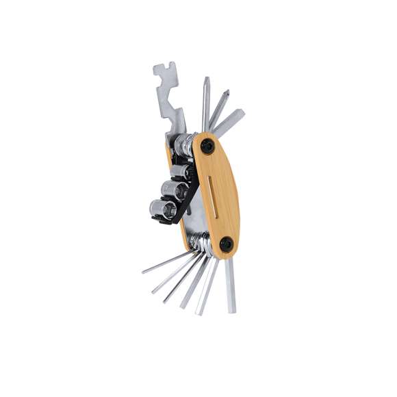 Multiherramienta en resistente acero inox con carcasa de bambú. Con 15 funciones:- Llaves Allen- Llaves Hexagonales- Destornillador plano- Destornillador estrella- Destornillador Phillips- Adaptador de tubo para tuercas hexagonales - Llaves de vasoMateriales como el bambú fomentan la utilización de materias primas naturales, reduciendo las emisiones contaminantes. Proviene de una planta de gran resistencia y versatilidad, con crecimiento y regeneración rápidos, siendo una excelente alternativa al uso de madera tradicional.