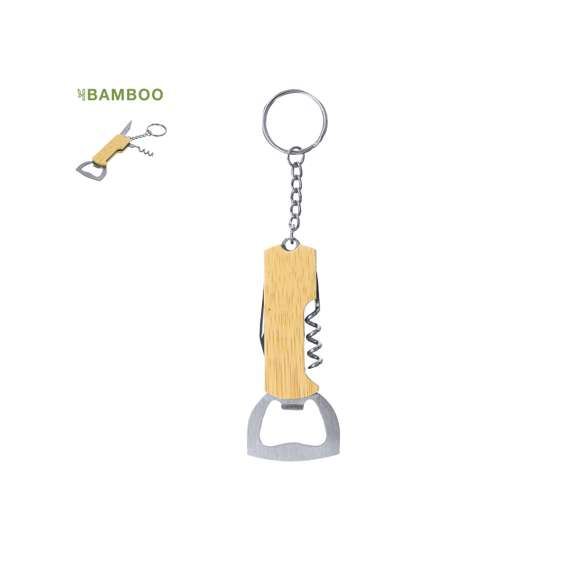 Llavero abridor fabricado en bambú y acero inox, con abridor de botellas y sacacorchos, incluye cuchilla y argolla de metal para llaves.Materiales como el Bambú fomentan la utilización de materias primas naturales reduciendo las emisiones contaminantes. Además, el bambú proviene de una planta de gran resistencia y versatilidad, con crecimiento y regeneración rápida, siendo una excelente alternativa al uso de madera tradicional.
