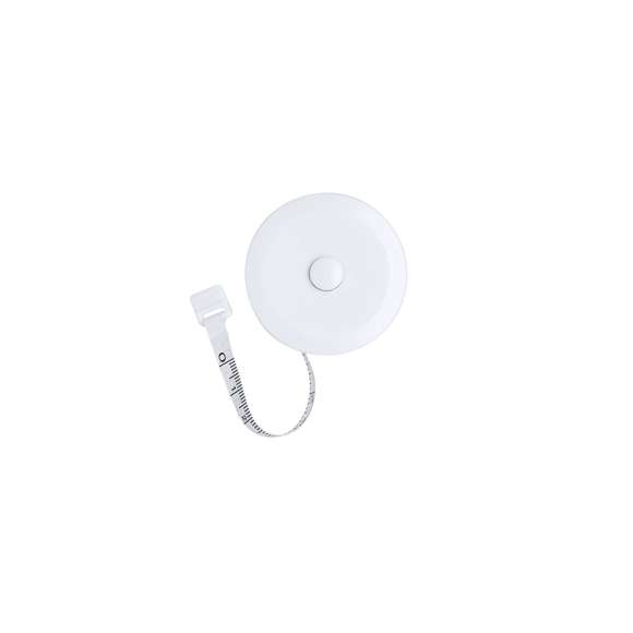 Cinta métrica de PVC de 150cm de largo y mecanismo retráctil con botón de parada. Escala impresa en color negro de cm y pulgadas.