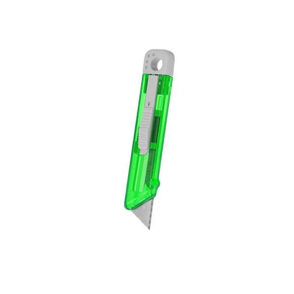 Cúter en PS de acabado translúcido. Con un mecanismo pulsador de retracción automática y una hoja de acero de 6 x 1,9 cm, sin sistema de bloqueo (stopper).