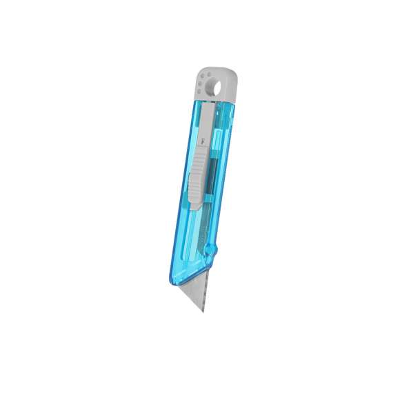 Cúter en PS de acabado translúcido. Con un mecanismo pulsador de retracción automática y una hoja de acero de 6 x 1,9 cm, sin sistema de bloqueo (stopper).
