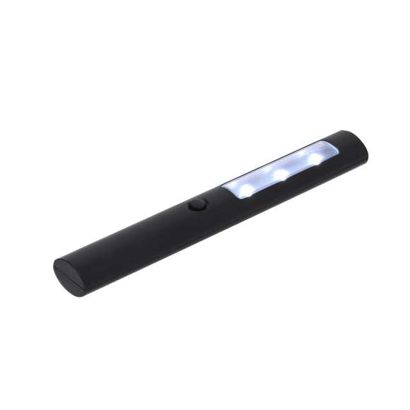 Linterna de 3 LEDs con resistente cuerpo en ABS, con pulsador en el frontal y prácticos imanes en la parte trasera. Alimentación a pilas de botón incluidas.