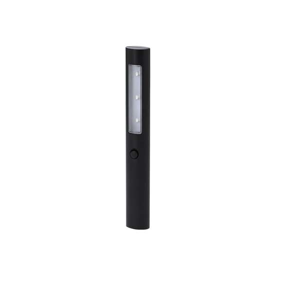 Linterna de 3 LEDs con resistente cuerpo en ABS, con pulsador en el frontal y prácticos imanes en la parte trasera. Alimentación a pilas de botón incluidas.