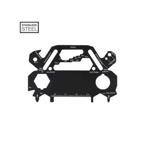 Original y práctica multiherramienta en acero inox con forma de coche. Con 30 funciones, entre otras: destornillador de punta plana y philips, llave para tuercas hexagonales en varios tamaños, regla y abrebotellas.