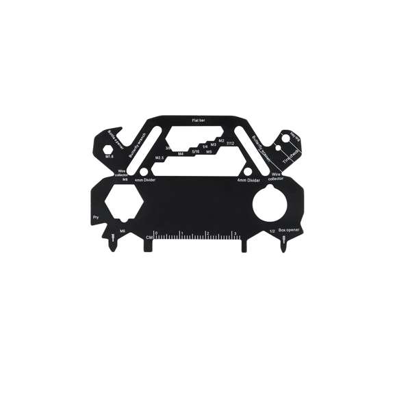 Original y práctica multiherramienta en acero inox con forma de coche. Con 30 funciones, entre otras: destornillador de punta plana y philips, llave para tuercas hexagonales en varios tamaños, regla y abrebotellas.
